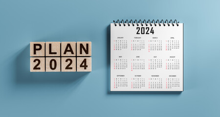 Calendar Year 2024 schedule. 2024 desk calender notepad on blue background. plans for 2024....