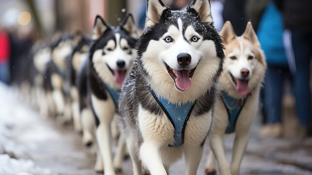 Team of siberian husky in the snow