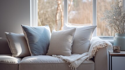 plush grey sofa with cushions, bathed in the soft light from a large window
