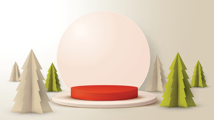 Vector 3d style of white podium with red background and origami Christmas trees.