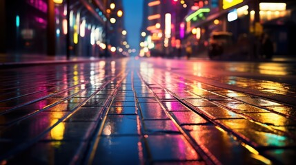 rain soaked street reflects the mesmerizing glow of neon lights and laser beams