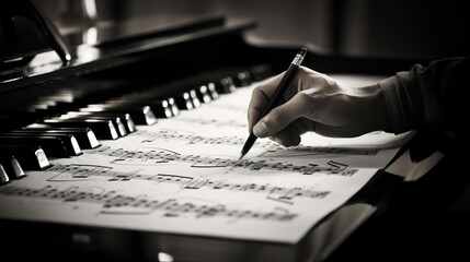 musician hand delicately pens notes, crafting a new song on sheet music - obrazy, fototapety, plakaty