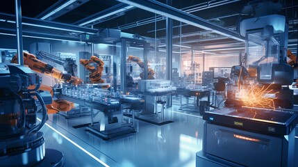 High tech manufacturing facility with cutting automation technology. New generation technology in action with robotic arms and automated machines working seamlessly in a modern industrial environment.