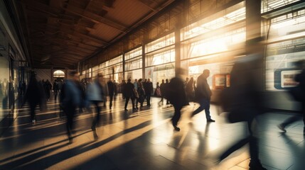 Busy commuters at a train station
