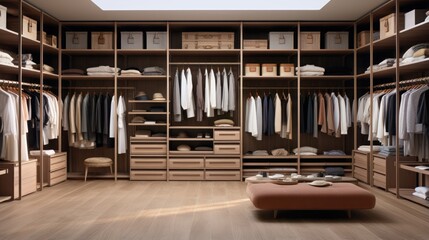 spacious wooden wardrobe showcases a collection of neatly arranged attire - obrazy, fototapety, plakaty