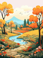Fall autumn landscape background vector, simple abstract style. Good for fashion fabrics, children’s clothing, postcards, social post, books, wallpaper, banner, events, covers, advertising, and more.