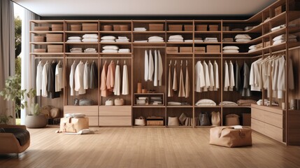 spacious wooden wardrobe showcases a collection of neatly arranged attire - obrazy, fototapety, plakaty