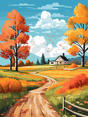 Fall autumn landscape background vector, simple abstract style. Good for fashion fabrics, children’s clothing, postcards, social post, books, wallpaper, banner, events, covers, advertising, and more.