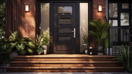 Fotobehang Sleek black door complemented by green plants and elegant home accents © Putra