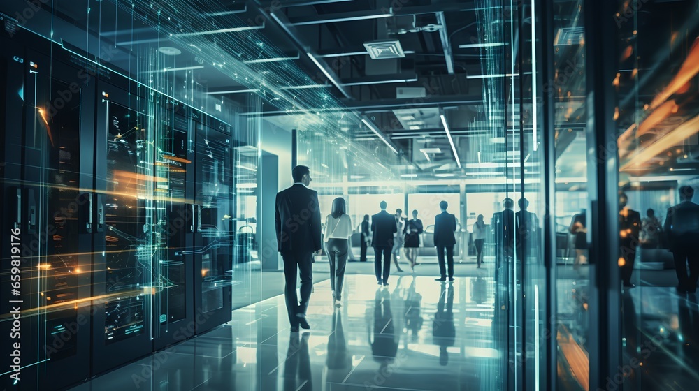 Poster high technology environment with surveillance intelligence machine learning operations and blurred m