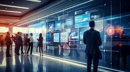 Fototapeta premium High technology environment with surveillance intelligence machine learning operations and blurred motion engineers in background as active workspace. Data monitoring, control and research.