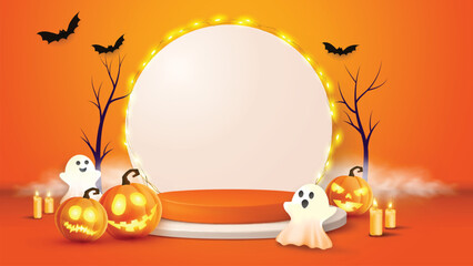 vector background with realistic halloween pumpkin and podium for product display