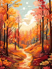 Fall autumn landscape background vector, simple abstract style. Good for fashion fabrics, children’s clothing, postcards, social post, books, wallpaper, banner, events, covers, advertising, and more.