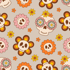 seamless pattern with  skulls and flowers - 659819315