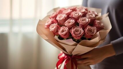 Hands discreetly clutching a bouquet of roses and a gift, ready to surprise