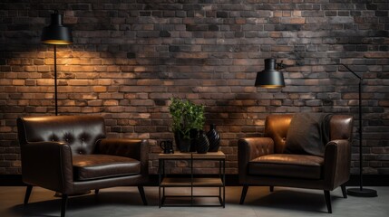 stylish setting combining brick walls with modern black furnishings, ideal for evening gatherings