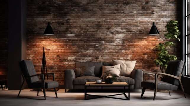stylish setting combining brick walls with modern black furnishings, ideal for evening gatherings