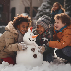 Photo of kids toddlers outside building a snowman, playing snowballs, laughing, a lot of snow...