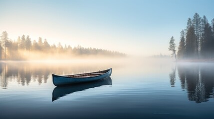 A lone canoe floats on a tranquil, mysterious lake - obrazy, fototapety, plakaty
