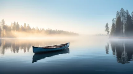 Foto op Canvas A lone canoe floats on a tranquil, mysterious lake © Putra