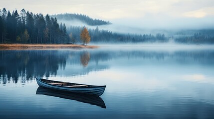 A lone canoe floats on a tranquil, mysterious lake