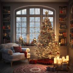 Photo of family during christmas eve dinner, happy kids, grandparents, presents, detailed, Christmas 2023, Christmas tree