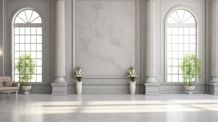 room showcasing modern concrete walls, marble flooring, and stately pillars