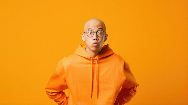 Asian Man In Glasses With Surprised Facial Expression On Isolated Orange Background.