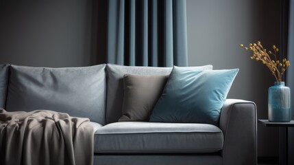 plush grey sofa with cushions, bathed in the soft light from a large window
