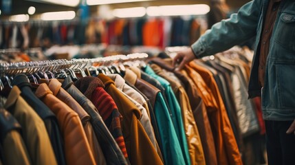 man browses through an array of retro jackets in a thrift store