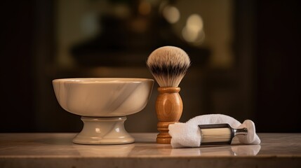 shaving brush and bowl, poised in a men's grooming salon