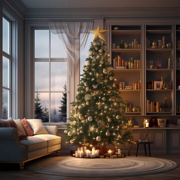 photo of christmas tree in living room, cozy room, detailed