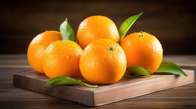 Fresh mandarine oranges displayed on a rustic wooden board