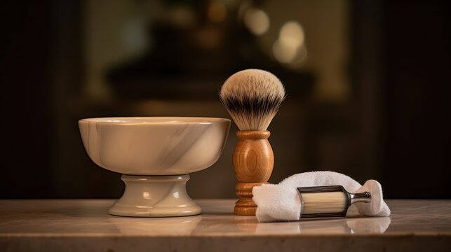 shaving brush and bowl, poised in a men's grooming salon