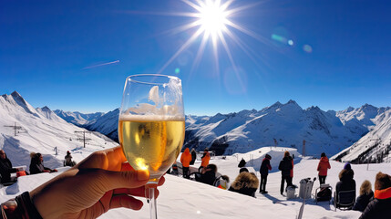 Winter Wonderland Toast: Apre Ski Champagne in the Majestic Mountain Scenery - obrazy, fototapety, plakaty