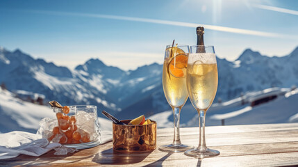 Winter Wonderland Toast: Apre Ski Champagne in the Majestic Mountain Scenery - obrazy, fototapety, plakaty