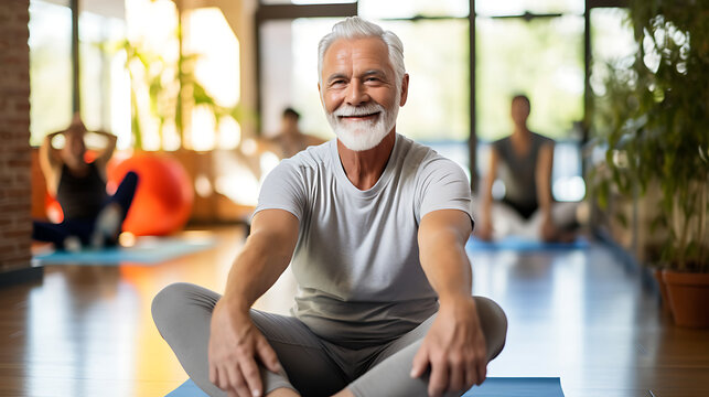 senior stretching exercise training lifestyle sport fitness home healthy man together pilates gym exercising fit yoga meditation 