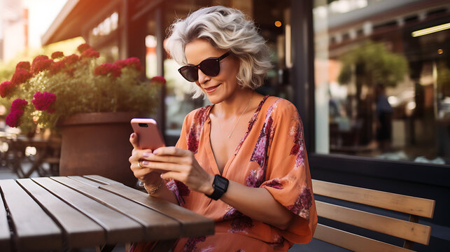 Serious middle-aged woman using smartphone sitting outdoor cafe
