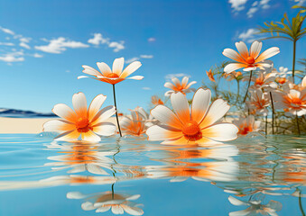 Abstract summer background with orange flowers in sea water
