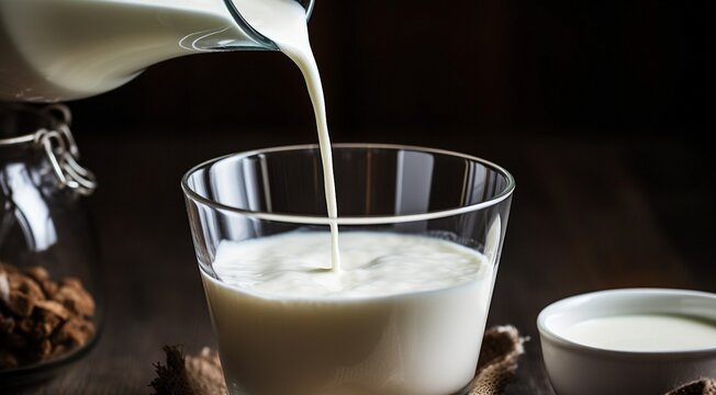glass of milk, pouring milk into glass, cup of milk on the table, glass of milk on dark background, pouring milk