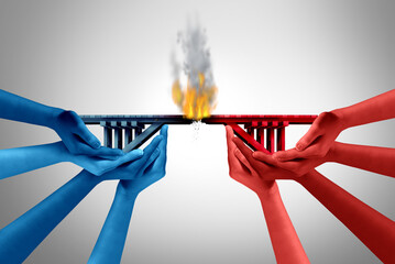 Breakdown Of Communication as a symbol of group division and a divided society as a burning bridge connection