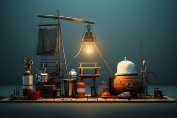 Composition of fishing equipment in 3d style, generate AI, fisherman life concept - obrazy, fototapety, plakaty
