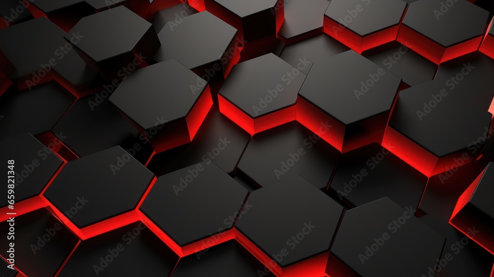 Wall mural Abstract dark hexagon pattern on red neon background technology style. Modern futuristic geometric shape web banner design. You can use for cover template, poster, flyer, print ad