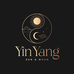 Yin Yang round logo sun and moon black background - 659821344