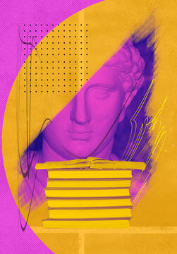 Abstract human antique statue and books. Creative idea symbol, art design or collage. Mental Health, thinking, psychology, education concept
