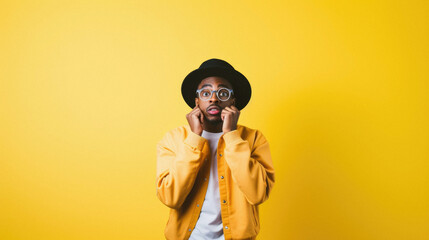 Portrait of Black guy wearing eyeglasses look at camera scared shocked isolated on yellow color background.
