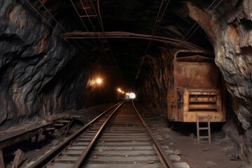 Fototapeta na wymiar Mine tunnel cave railway inside. Passage construction. Generate Ai