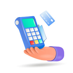 Payment terminal, a modern POS-bank payment device.
A payment device with an NFC keyboard. A credit card reader.
Vector 3D illustration of a contactless payment system.