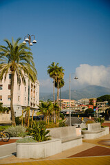 Sea promenade in Genoa in Italy with palazzi, palm trees and flower beds