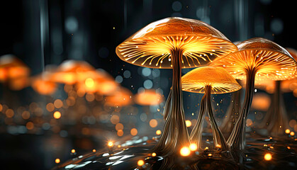 Fantastic abstract dark background with orange glowing mushrooms - web banner with copy space